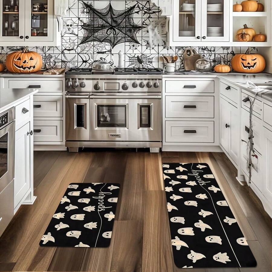 1pc Thickened 0.47 Inch/1.2cm Festive Kitchen Mat, Little Ghost Printing Kitchen Rug, Easy To Clean, Stain Resistant, Anti-Slip, Machine Washable Polyester Rug, Perfect For Living Room, Bedroom, Hallway, Bathroom, Laundry Room, Home Decor Decor, Home Decor - Multicolor - View 1