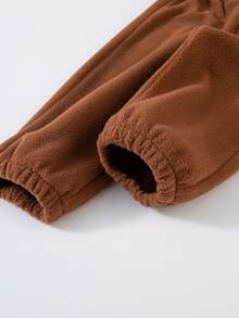 Set de 2 piezas de sudadera con capucha y pantalones forrados de felpa para niños, sudadera con cuello alto y media cremallera, y pantalones, estilo básico y minimalista, cálido para otoño/invierno