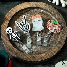 4 Pieces Halloween Retractable Badge Reel Acrylic Ghost Pumpkin Badge Holder Nurse ID Badge Holder With Alligator Clip Glitter Halloween Decorative Badge Reel For Student Teacher Doctor Nurse - 4PCS - View 3