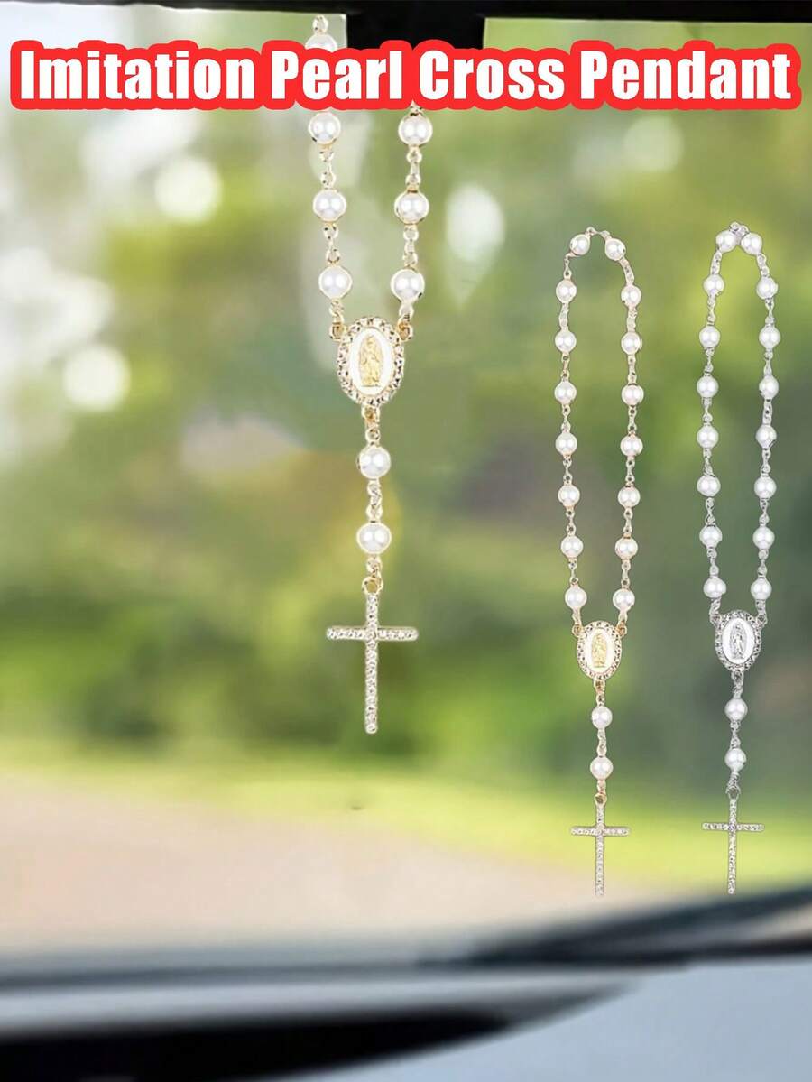 Pearl Rosary Cross Pendant Rearview Mirror Charm - Elegant Catholic Religious Rearview Mirror Decor With Glossy Beads - Fits Most Cars/SUVs - Inspirational Gift For Baptism/First Communion/Christmas (Gold/Silver) - Car Accessories, Car Decor, Car Interior Accessories, Automotive Supplies, Car Accessories - Multicolor - View 1
