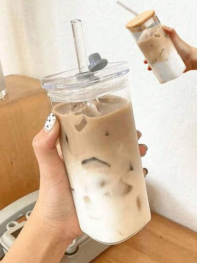 1 tasse à café carrée résistante à la chaleur de 400 ml avec couvercle et paille, tasse transparente pour thé au lait et jus, tasse à café à fond plat transparent simple, convient pour les ustensiles de bar familiaux et les fournitures scolaires. Nécessités quotidiennes, vie à la maison, fournitures quotidiennes pour les dortoirs d'automne et d'hiver, convient pour les dortoirs d'étudiants, la nuit de Thanksgiving