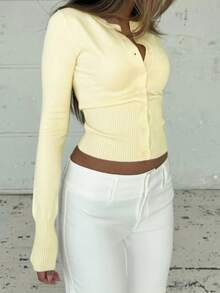 Women's Casual Crew Neck Long Sleeve Cinched Waist Knit Cardigan, Light Yellow, Spring/Autumn - Light Yellow - View 6