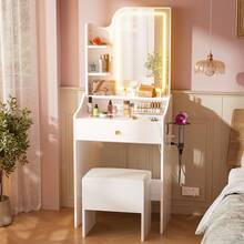 GINRGINR Vanity Desk With Lighted Mirror, Makeup Vanity Table With Lights, Drawer, Power Outlet, 3 Color Lighting Modes & Adjustable Brightness, Dressing Table For Bedroom, White, 15.4"D X 24.4"W X 59"H - Xem 2