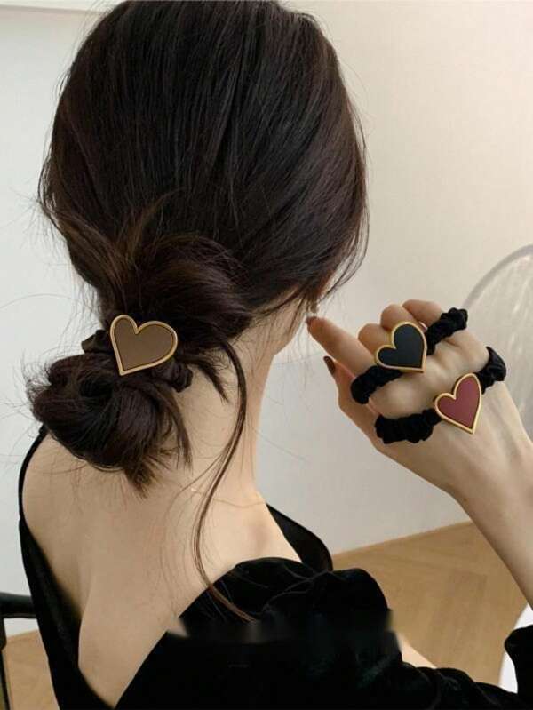 3pcs Metal & Fabric Heart Shaped Hair Scrunchies, Elastic Hair Ties, Hair Accessories, Ponytail Holders, Hair Elastics, Hair Rope, Home Beauty Women Accessory Gifts