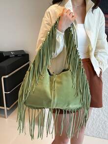 女士单肩托特包，复古休闲大容量腋下软皮流苏单肩包，