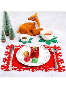 5pcs Red Felt Coasters, Christmas Snowflake Tableware, Suitable For Christmas Dinner Table