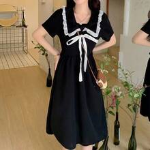 فستان أنيق أنثوي بأكمام قصيرة وشريط من الساتان بأسلوب لوليتا الفرنسي الرجعي، مناسب للارتداء اليومي العادي وأزياء هالوين