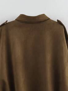SHIBASHAN Women Fashion Suede Bomber Jacket Vintage Turn-Down Collar Long Sleeve Loose Zipper Coat Loose Outerwear - màu nâu - Xem 9