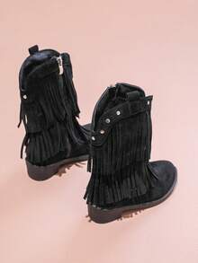 1 par de botas vaqueras occidentales con flecos para adolescentes, diseño de moda y minimalista, cómodas para niñas - Negro - Ver 2