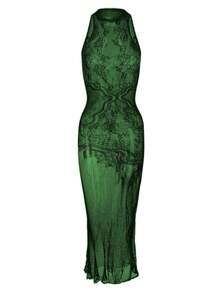 1 Stück Damen Kleid mit ärmellosem Jacquard-Mesh in leuchtendem Grün, hochdehnbares Kleid mit kleinem Mesh-Ausschnitt