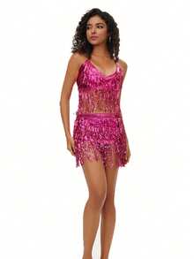 Glitter Sequin Tassels Dress Sets Women 2 Pieces Outfits Crop Tight Cami Tops Bag Hip Mini Skirts Sparkle Fringe Suit Halloween - Multicolor - View 17