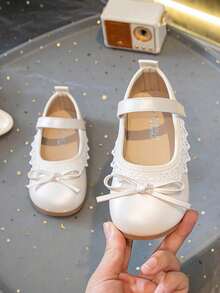 (Nuevo estilo de otoño) 1 par de zapatos de princesa dulce para niñas con decoración de lazo de encaje, suela antideslizante y punta redonda con hebilla, tacón plano, perfectos para niñas de las flores en bodas y fiestas de cumpleaños