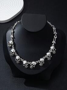 1pc Gothic Style Exaggerated Multiple Skull Connected Choker Necklace, Unique Skull Chain Necklace, Halloween Gift Accessory, Charm & Quirky Personalized Necklace - Antique Silver - View 2