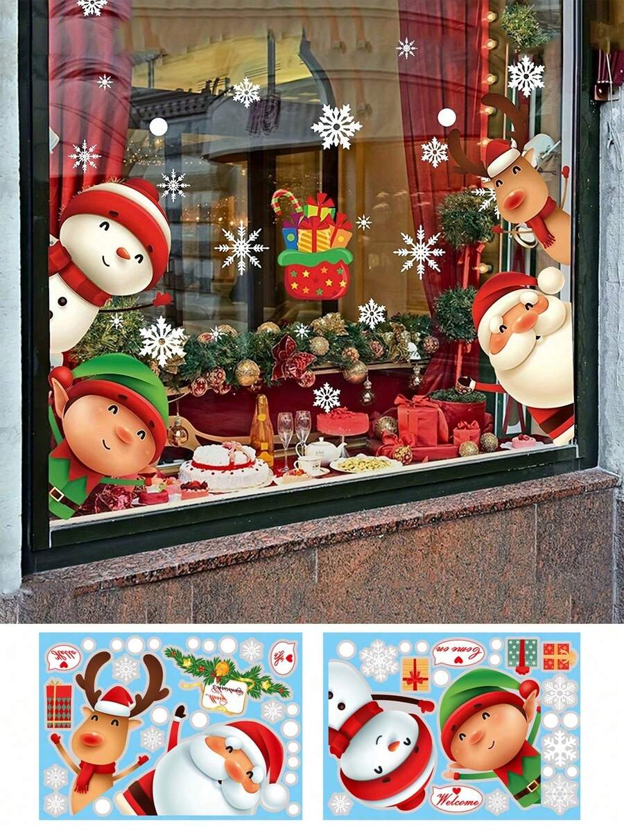 2 Piezas 51 Pegatinas de Copos de Nieve Navideños para Ventanas, Calcomanías Decorativas Navideñas de Copos de Nieve, Papá Noel y Renos, Pegatinas Navideñas para Ventanas de Cristal