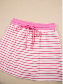 Stripe Designed Collared V Neck Drop Shoulder Sweatshirt And Skort Sets - 粉色 - 查看 9