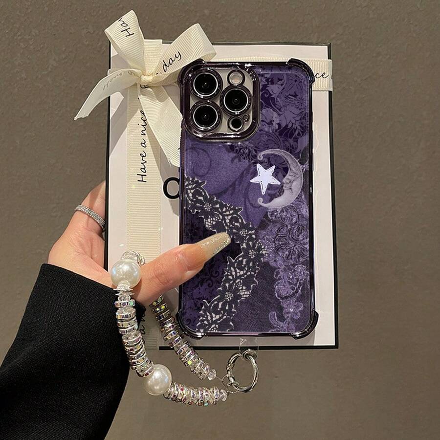 Moonlit Floral Mobile Phone Case, Designed With Lace And Star Accents, Suitable For IPhone 16, 15, 14, 13, 12 And 11 Pro Models, Made Of TPU Material, And Provides Shockproof Protection. Perfect For Family, Friends, Children, Birthdays, Spring, Holidays, Boyfriends, Girlfriends, And Valentine's Day Gifts. - Màu tím - Xem 1