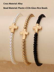 3-Piece Set Vintage & Minimalist  Cross Pendant Elastic Bracelets - Perfect For Everyday Wear Or Gifting - Multicolor - View 3
