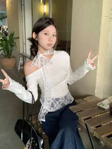 秋季性感露肩撞色蕾丝长袖T恤女式领带 - 白色 - 查看 6