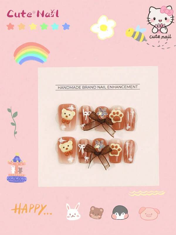 Sanrio 10pcs Press On Short Nails Press On Nails Square 3D Bear Stare Footprints On Acrylic Press On Nails For Girls And Women Suitable For Back To School Dating Daily Giving A Gift Cute Style Fake Nails