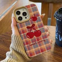 Funda para phone con diseño de cuadros y cerezas. Compatible con phone 15 Plus, 16 Pro, 14, XS, 13, 12 y 11. Piel sintética suave. - Colores mixtos 1 - Ver 2