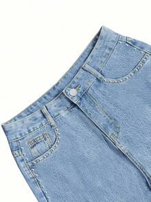 Women's Retro Loose Straight Leg Denim Pants Solid Color Washed Front Button Pocket With Rivets, Loose Wide Leg Jeans, Suitable For Daily Casual Wear - 淺色水洗藍 - 查看 4