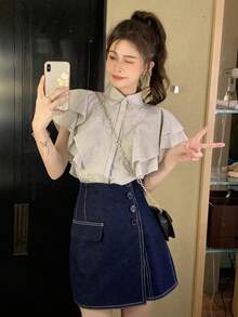 Summer Unique Collar Blouse With Ruffle Trim And Tie, Versatile Striped Shirt For Women - White - View 6