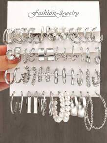 24-48 件简约几何心形与人造珍珠多层女士耳环套装，时尚珠宝礼物，适合生日、旅行、派对、日常休闲和工作 - 金黃色 - 查看 8