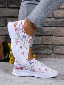 Women's Butterfly & Flower Print Rhinestone Decor Bright Color Fabric Round Toe Slip-On Casual Sneakers, High-Quality EVA Ultra-Light Sole Shoes Weighing Only 260g-360g, Made With Premium Sole And Fabric, Women's Solid Color Classic Casual Sneakers - White - View 6