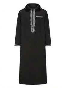 Disqoir 新款摩洛哥男士长袍，长袖刺绣连帽设计，穆斯林男士阿巴雅，伊斯兰宽松男士杰勒巴，沙特阿拉伯传统服饰 - 黑色 - 查看 3