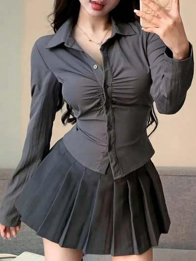 Women's Casual Everyday Solid Color Pleated Slim Fit Long Sleeve Shirt, Spring/Autumn