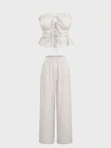 Bộ 2 quần kẻ sọc và áo crop top kẻ sọc buộc vạt trước, màu mơ - Màu be - Xem 4