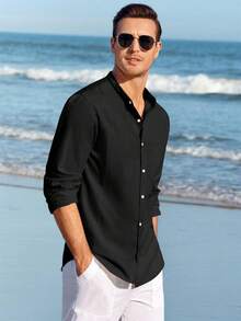 Runcati Men Linen Shirt Button Down Long Sleeve Cotton Beach Band Collar Casual Summer Shirts - màu đen - Xem 2