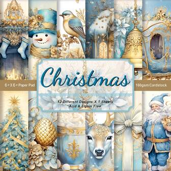 12 张蓝色精美圣诞剪贴簿纸，圣诞主题圣诞老人、雪人和驯鹿图案工艺纸，装饰卡片纸，适用于 DIY 项目、卡片制作、节日手工制作