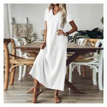 Linen Dress Women Short Sleeve V Neck Boho Maxi Dress Casual Summer Long Flowy Beach Vacation Dresses Tunic Modest,Vestidos - 多色432 - 查看 3