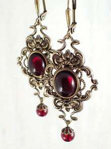 1Pc Exquisite Vintage Copper Inlaid Synthetic Blood Red Gem Ladies Earrings Pendant Suitable For Banquet Ball - 多色 - 查看 4