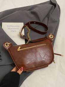 Bolsa de peito com corrente feminina, material PU, fecho de zíper, bolsa portátil para guardar celular, pochete, cor sólida, estilo simples, bolsa transversal para compras, encontros, passeios, tamanho compacto