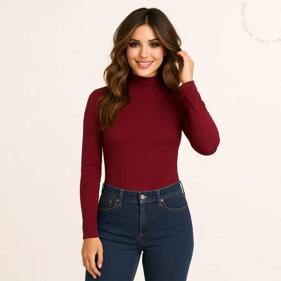 Women's Long Sleeve Cacharrel Basic Second Skin Turtleneck Cold Winter Blouse - 酒紅色 - 查看 1