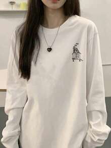 女士宽松卡通印花长袖棉质T恤，百搭春秋装 - 白色 - 查看 2