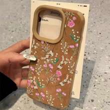 Diseño de patrón de flores de hojas pintadas a mano, teléfono con lente alta 15 Pro 16 14 Plus X 11 13 12 XS, cuero sintético suave resistente a todo incluido - Colores mixtos 1 - Ver 2