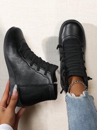 女式黑色靴子，尺码 36-42，保暖、防滑、耐用短靴，圆头，加大码，轻便，低帮，平跟，时尚休闲靴