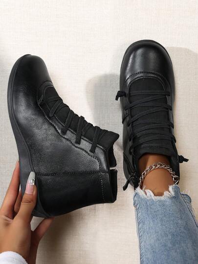 Women's Black Boots, Size 36-42, Warm, Non-Slip, Durable Ankle Boots, Round Toe, Plus Size, Lightweight, Low-Top, Flat Heel, Fashionable Casual Boots