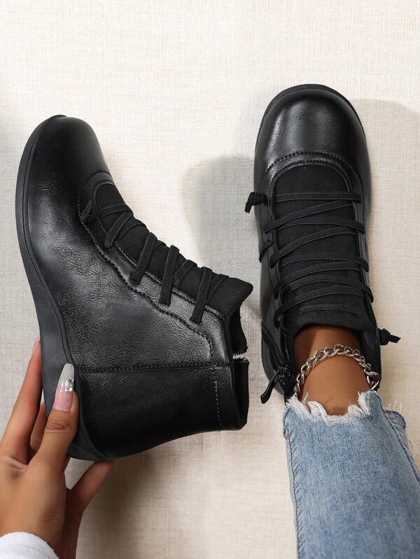 Ghete negre pentru femei, mărimea 36-42, călduroase, antiderapante, ghete scurte durabile, vârf rotund, mărime mare, ușoare, cu toc jos, toc plat, ghete casual la modă