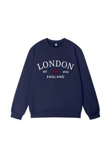 Buzzelle Áo sweatshirt cổ tròn nữ kiểu dáng thường ngày, phối màu thời trang và in hình chữ tiếng Anh, đa năng cho trang phục hàng ngày, mùa thu/đông. - Màu xanh hải quân - Xem 5