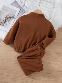 Set de 2 piezas de sudadera con capucha y pantalones forrados de felpa para niños, sudadera con cuello alto y media cremallera, y pantalones, estilo básico y minimalista, cálido para otoño/invierno