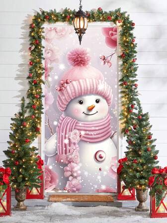 1 Pieza/Elegante Decoración Navideña de Muñeco de Nieve Rosa para Puerta, Cubierta de Puerta, Poliéster Duradero, Muñeco de Nieve Rosa, Crea un Cuento de Hadas Invernal, Diseño Romántico de Encaje, Adecuado para Decoración de Puerta y Ventana del Hogar, Suministros para Fiestas Navideñas, Decoración Festiva, Accesorios para Fotos