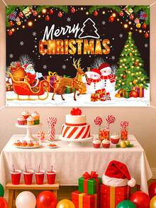 1pc Christmas Decoration Backdrop Fabric, Santa Claus& Snowman& Christmas Tree Pattern Banner, Merry Christmas Party Backdrop Decoration, Christmas Photography Props, Christmas Garage Door Decorations, Patio Decorations, Christmas Living Room Wall Decoration Hanging Fabric, Room Decorations, Home Decor, 2026 New Year Decor, Christmas Hanging Decor, Xmas Gifts
