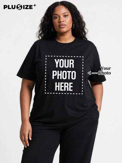 Anpassad t-shirt i plusstorlek med rund hals och motiv för husdjur, kan tryckas med hund- och kattmönster, damt-t-shirt med tryckmöjligheter – kan lägga till ditt foto (selfie/foto/vänfoto/älskarfoto/pojkvänfoto/parlogotyp/pojkvänslogotyp). Du kan också anpassa t-shirts med text för att fira fars dag och mors dag.