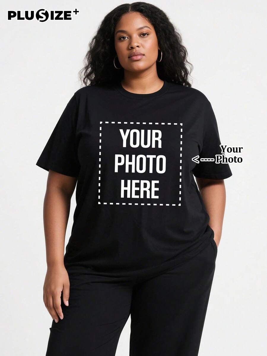 定制加大码圆领宠物纪念T恤，可印制猫狗图案，女士休闲T恤 - 可添加您的照片（自拍/照片/朋友照片/爱人照片/男友照片/情侣logo/男友定制）。您还可以定制带有文字的T恤，以庆祝父亲节和母亲节。 - 黑色 - 查看 1