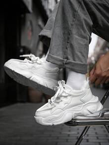 Men's Minimalist Solid Color Leather & Mesh Lace-Up Design Elevator Sneakers, Niche Fashion Versatile Casual Street Wear Vulcanized Shoes, Suitable For All Seasons - White - View 8