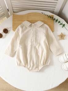 Infant Boys' Casual Solid Color Lapel Long Sleeve Romper, Relaxed Holiday Style Infant Clothing, Woven Soft & Comfortable, Half-Open Button Design, Suitable For Spring/Summer Outings, Family Vacations, Parties And Everyday Wear - Apricot - View 2